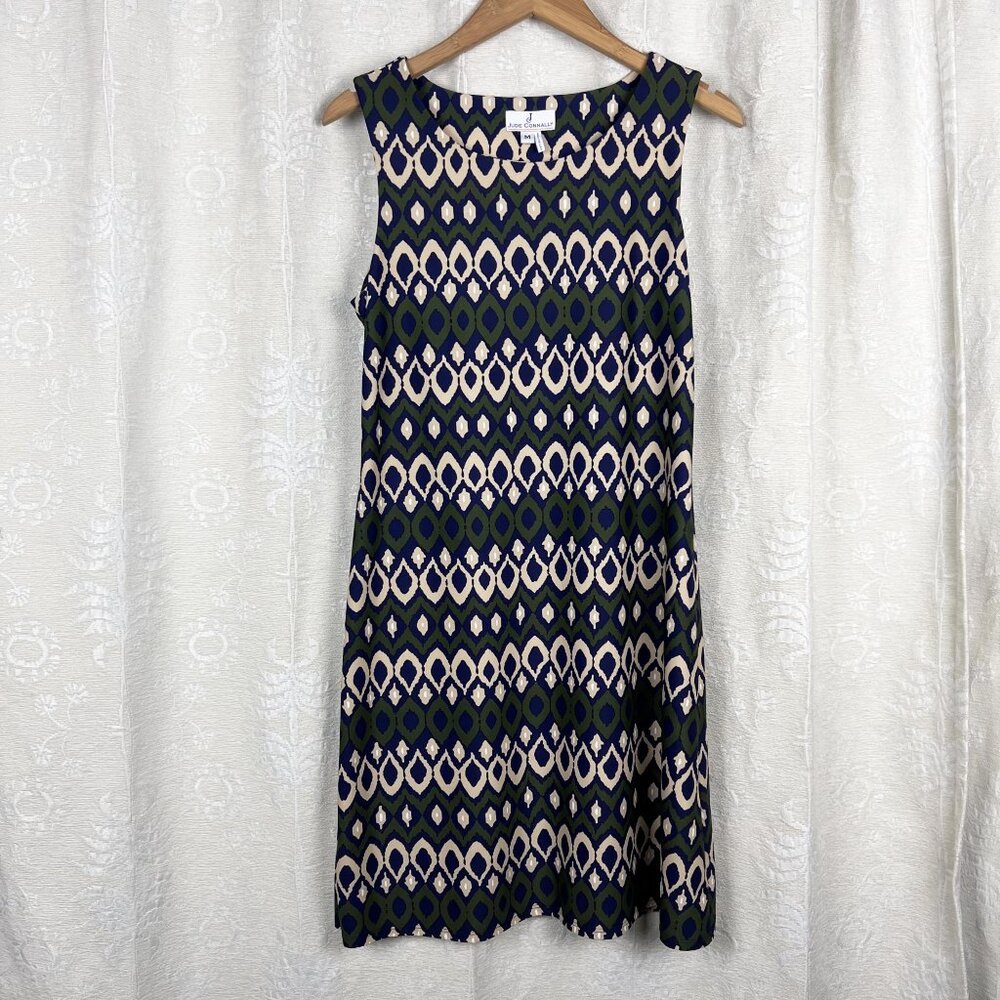 Jude Connally Beth sleeveless shift dress blue green ikat print stretch jersey